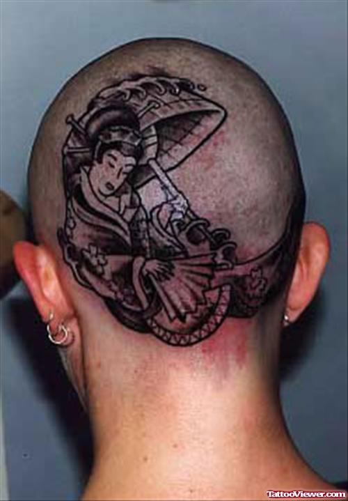 Grey Ink Geisha Tattoo On Head