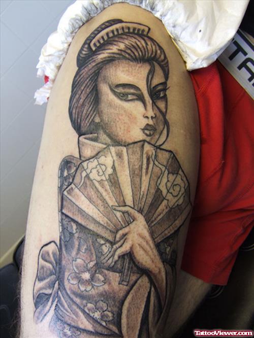 Grey ink Geisha Girl Tattoo On Right Leg