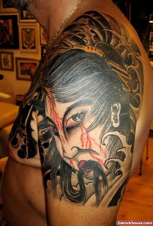 Geisha Tattoo On Man Left Shoulder