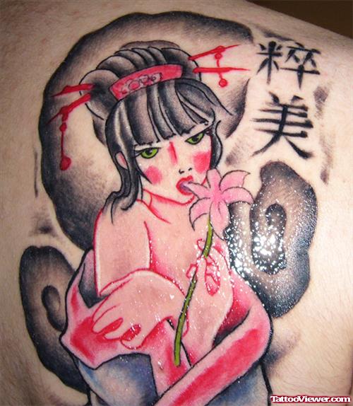 Chinese Symbols And Geisha Tattoo On Back Shoulder