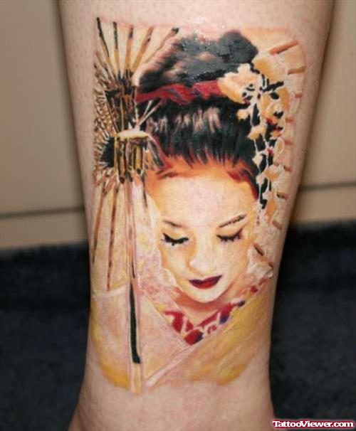 Geisha Head Tattoo On Leg