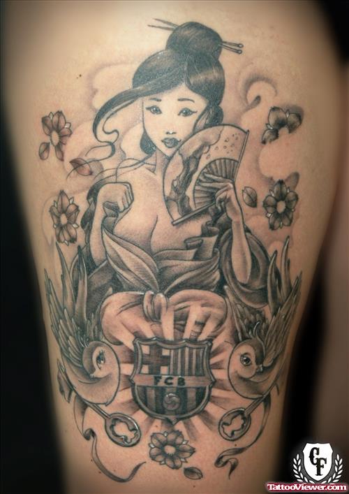 Extreme Grey Ink Geisha Tattoo On Leg
