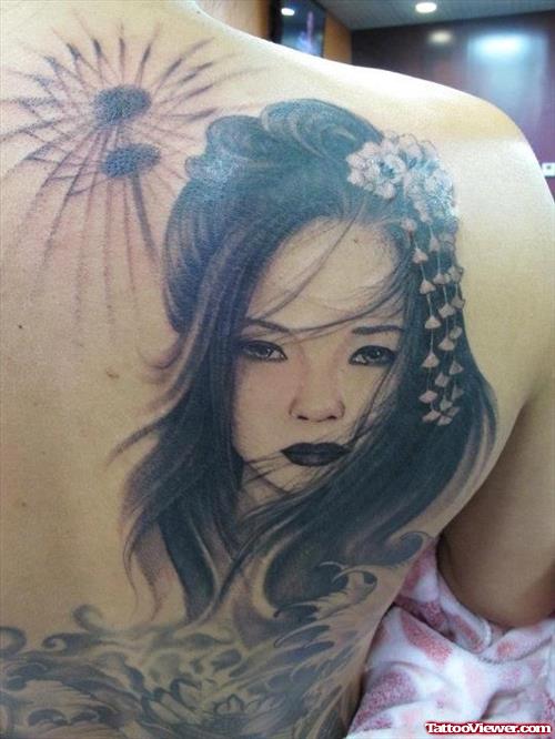 Dandelion Puff And Geisha Tattoo On Right Back Shoulder