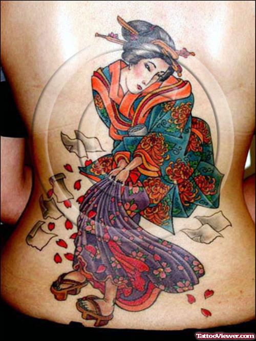 Colored Ink Geisha Tattoo On Back Body