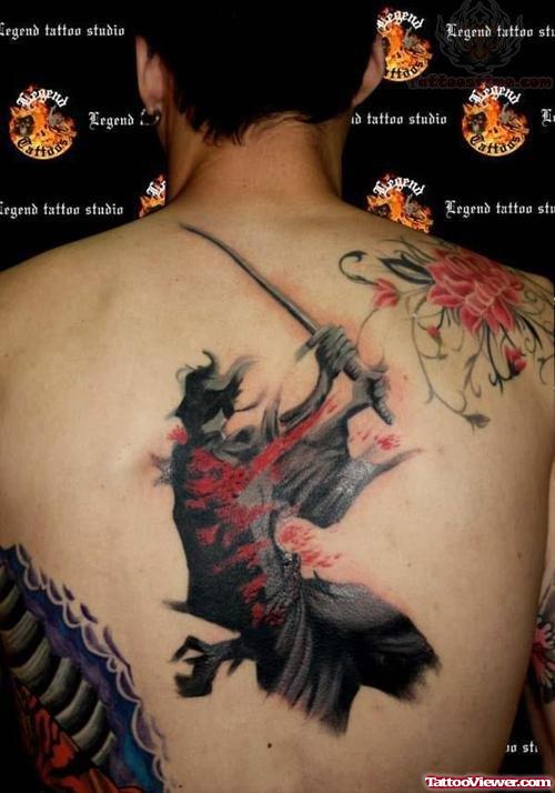 Colored Geisha Samurai Tattoo On Back