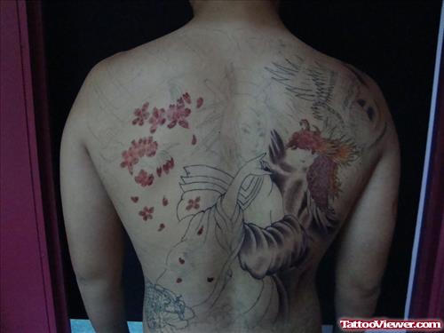 Beautiful Back Body Color Ink Geisha Tattoo