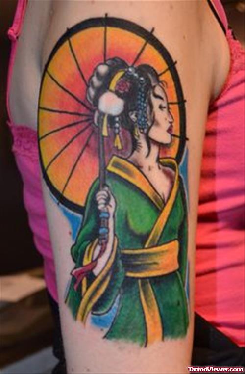 Awesome Color Ink Geisha Tattoo On Right Half Sleeve
