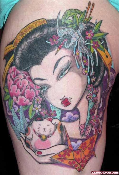 Awesome Color Ink Geisha Tattoo On Leg