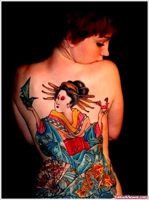 Awesome Color Ink Geisha Tattoo On Girl Back Body