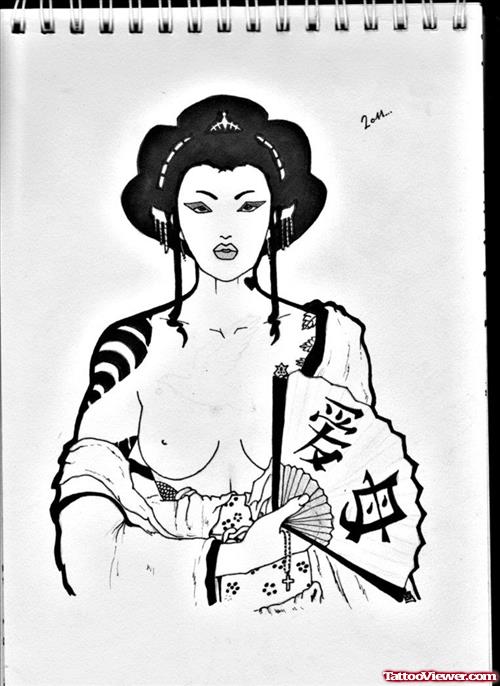 Japanese Geisha With Fan Tattoo Design