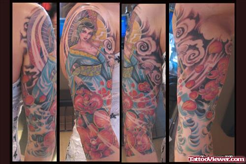 Half Sleeve Color Ink Geisha Tattoo