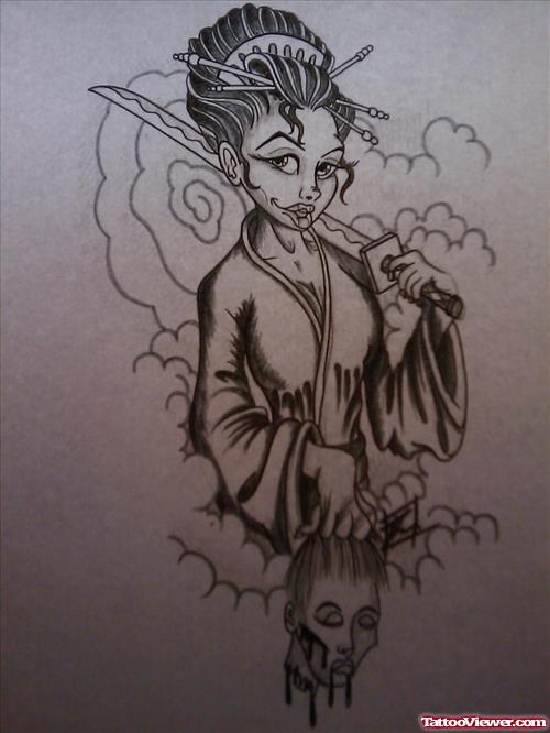 Grey Ink Geisha With Sword Tattoo Design