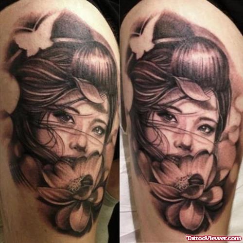 Grey Ink Geisha With Lotus Flower Tattoo