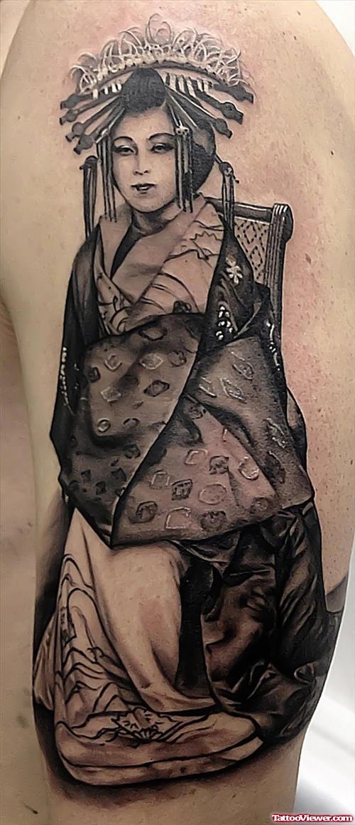 Grey Ink Geisha Tattoo On Sleeve