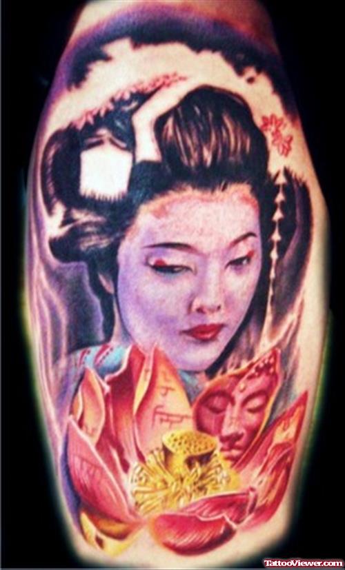 Colored Geisha Tattoo Design For Women