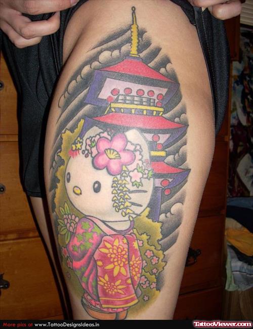 Color Ink Hello Kitty Geisha Tattoo On Left Thigh