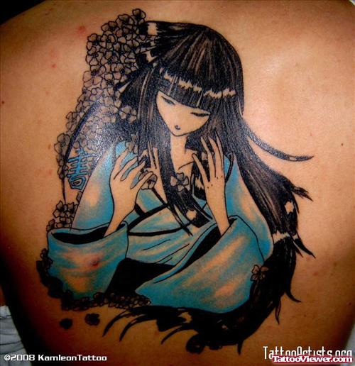 Blue Ink Geisha Tattoo On Back