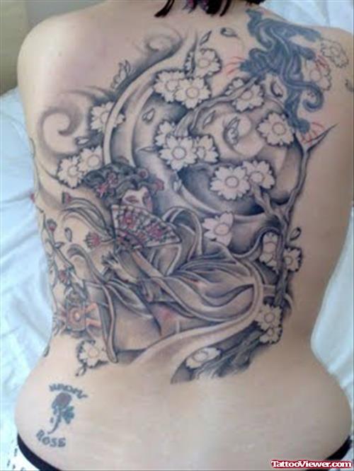 Best Grey Flowers And Geisha Tattoo On Back