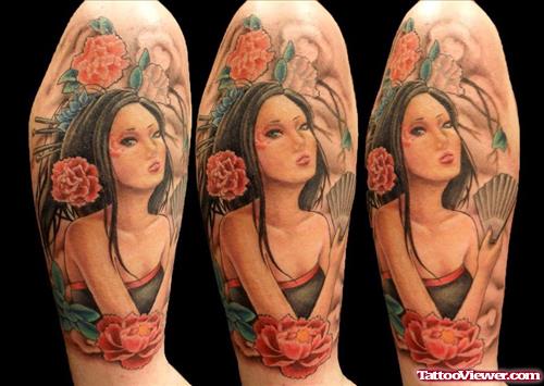 Beautiful Colored Ink Geisha Tattoo On Right Half Sleeve