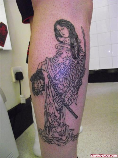 Awesome Grey Ink Geisha Tattoo On Leg