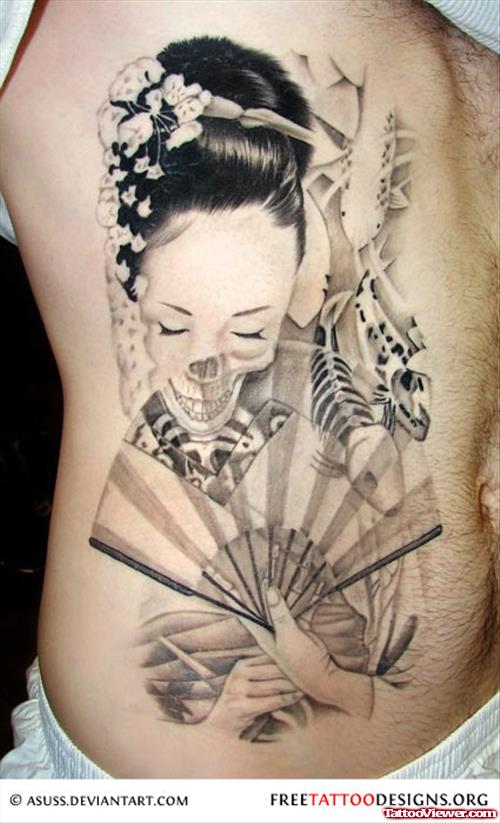 Amazing Grey Ink Geisha Tattoo On Back
