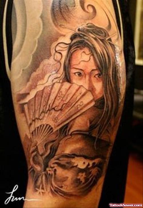 Grey ink Geisha Tattoo On Muscles