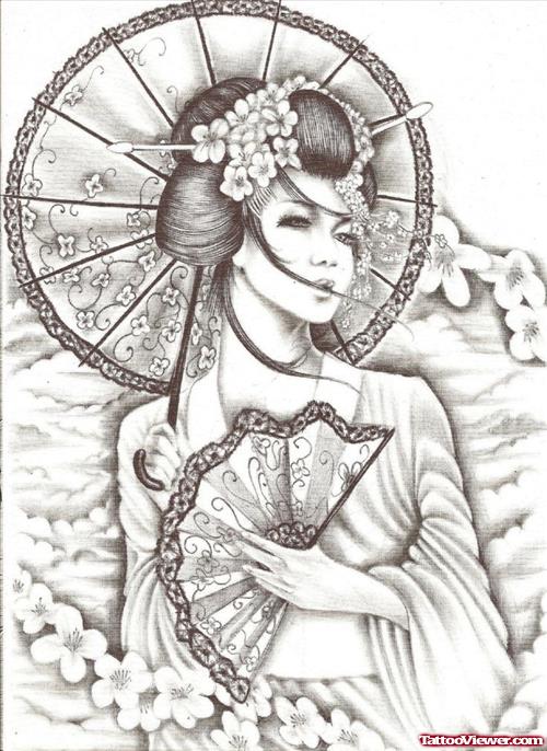 Grey Ink Geisha Girl Tattoo Design