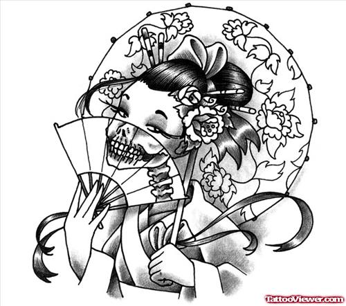 Grey Ink Geisha Girl Skull Tattoo Design