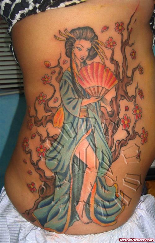 Geisha Tattoo On Girl Side Rib