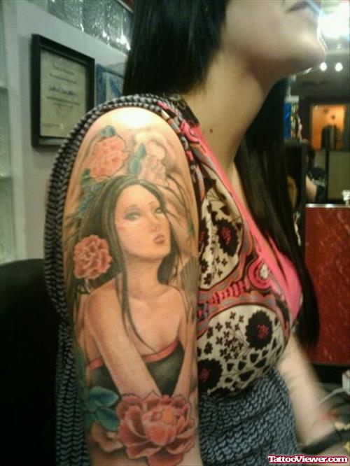 Geisha Tattoo on Girl Right Half Sleeve