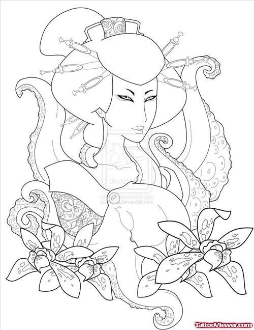 Flowers and Outline Geisha Tattoo Design