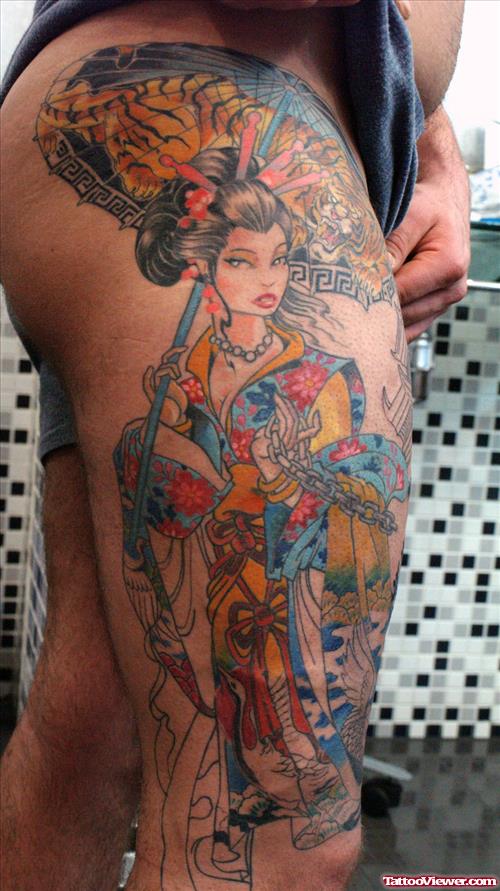 Extreme Color Ink Geisha Tattoo On Right Leg