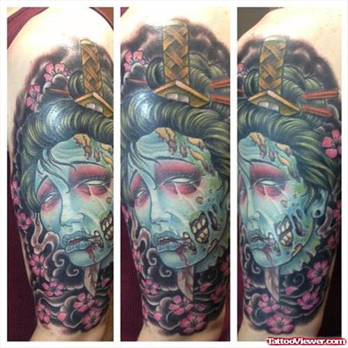 Colored Zombie Geisha Tattoo On Left Sleeve