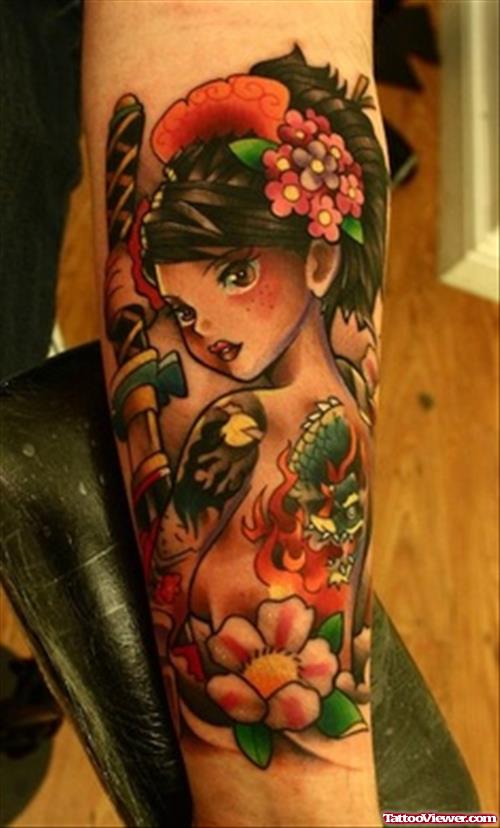 Colored Ink Geisha Tattoo On Sleeve