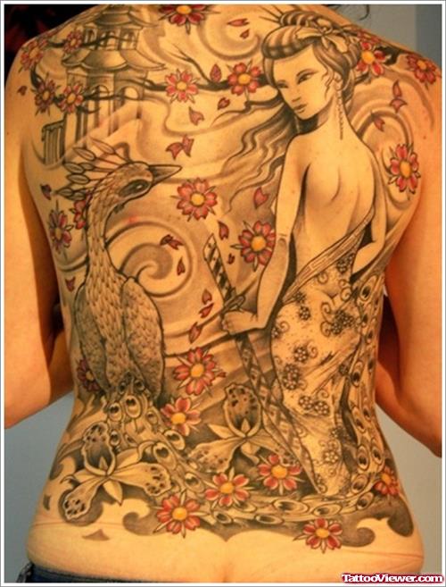 Color Flowers and Geisha Tattoo On BAck