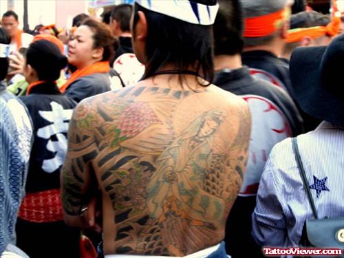 Awesome Grey Ink Geisha Tattoo For Men Back