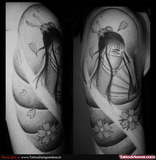 Amazing Geisha Tattoo On Right Half Sleeve