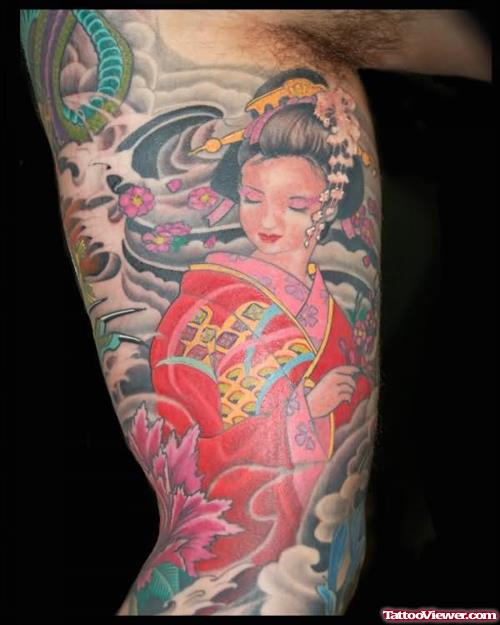 Amazing Colored Ink Geisha Tattoo On Half Sleeve