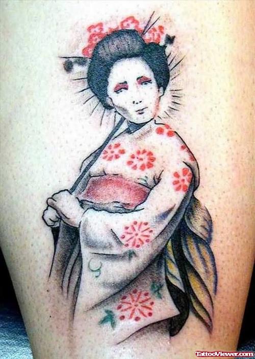 Realistic Geisha Tattoo On Leg