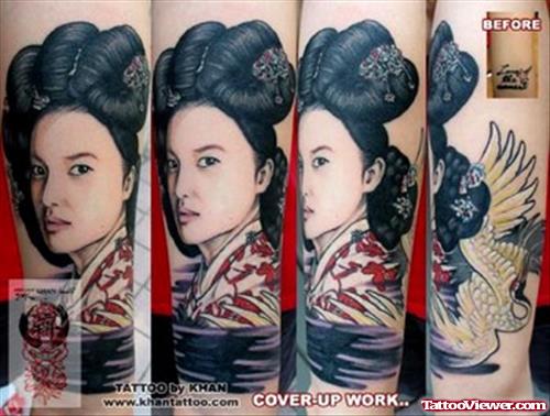 Left Sleeve Color Ink Geisha Tattoo