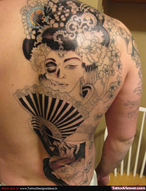 Grey Ink Geisha Tattoo On Right Back Body