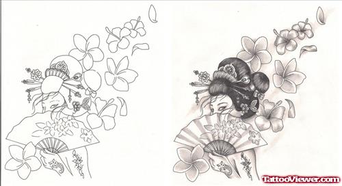Grey Flowers With Geisha Tattoo Design