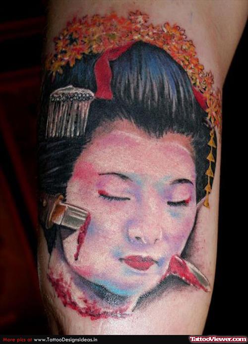 Dagger Face Geisha Tattoo On Bicep