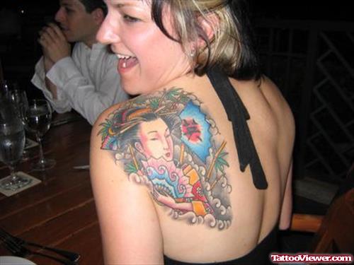 Colored Left Back Shoulder Geisha Tattoo