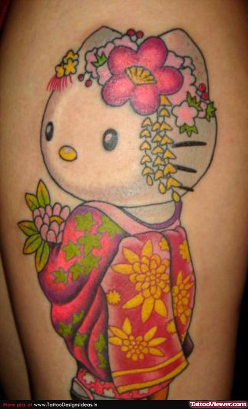 Color Ink Hello Kitty Geisha Tattoo On Half Sleeve