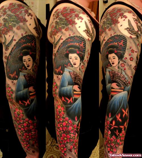 Color Ink Flowers And Geisha Tattoo On Sleeve