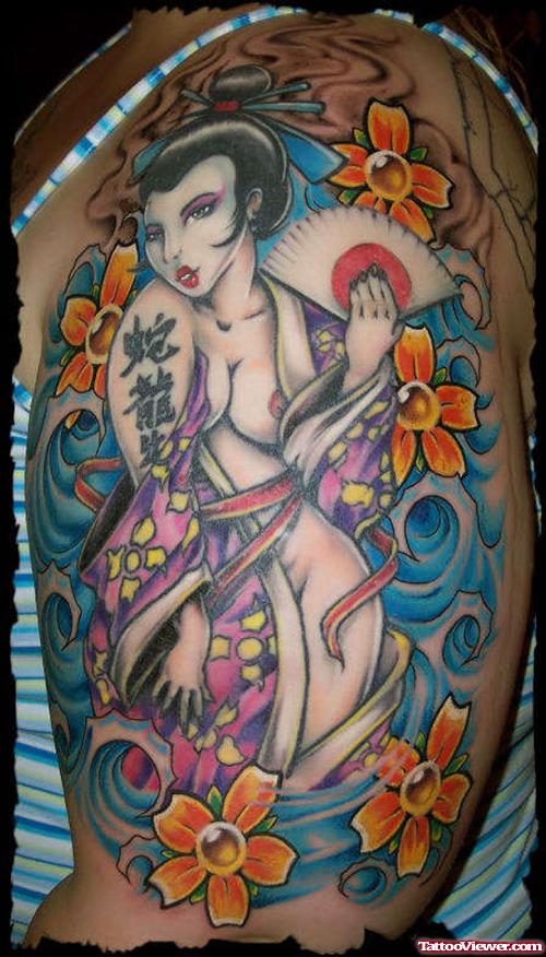Color Flowers and Geisha Tattoo On Left Half Sleeve