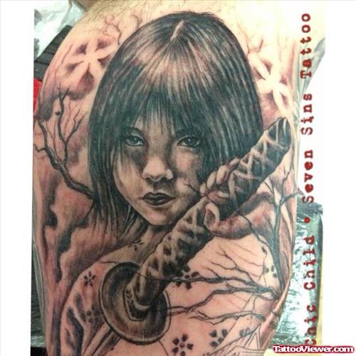 Amazing Grey Ink Geisha Tattoo