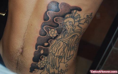 Amazing Grey Ink Geisha Tattoo On Rib Side