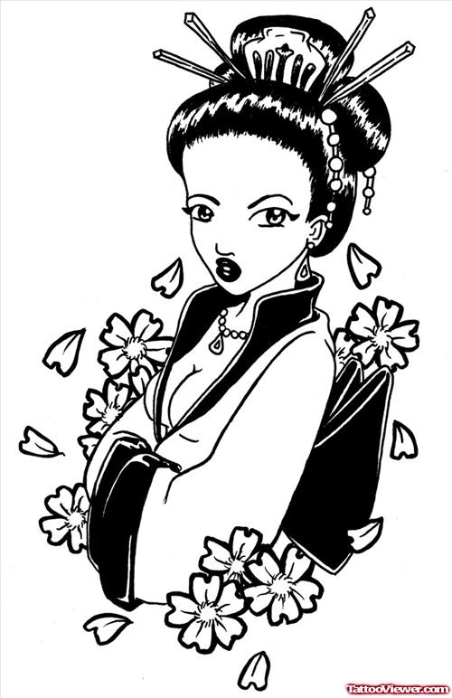 Japanese Flowers And Geisha Tattoo Design